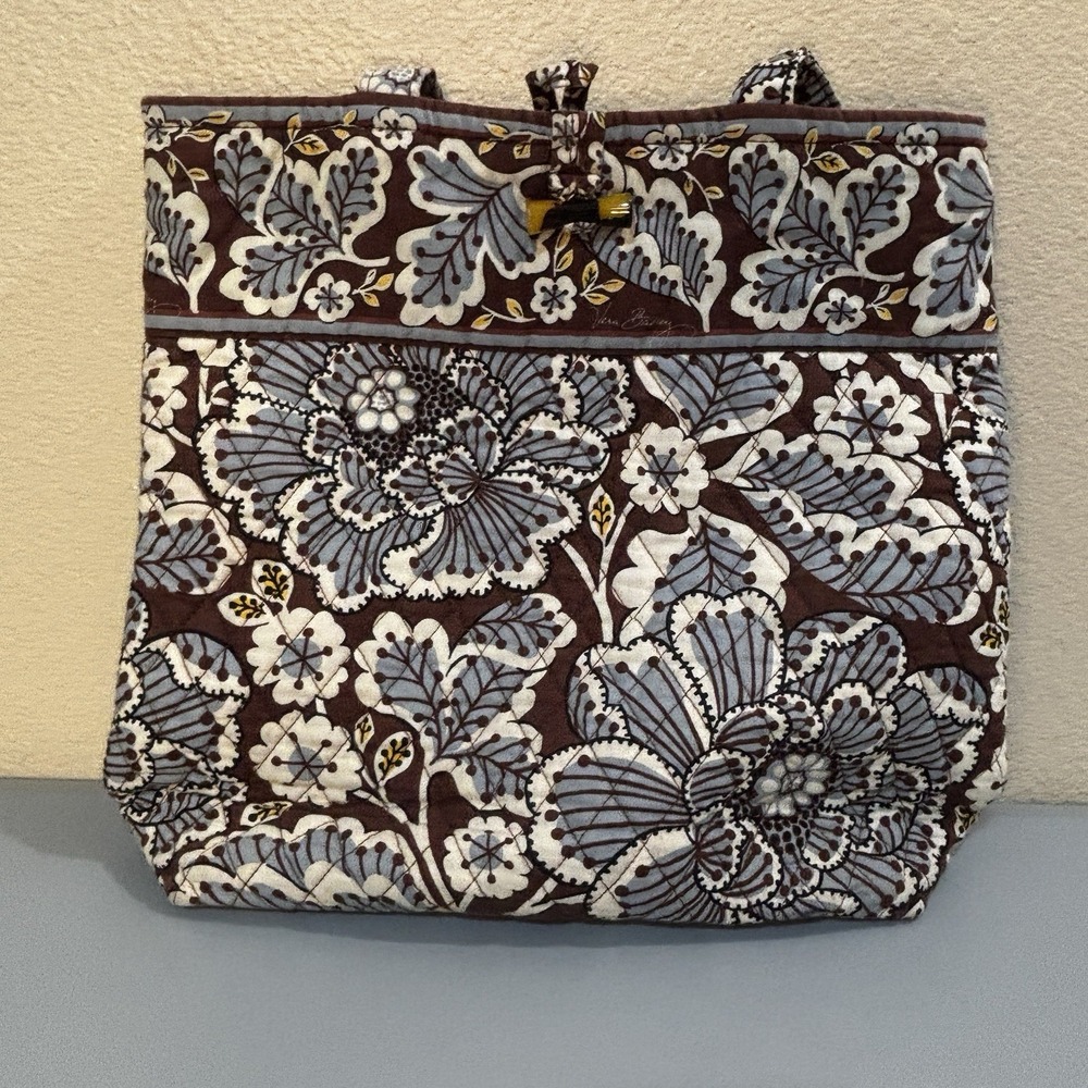 Vera Bradley Java Blue Toggle Tote‎ Bag Handbag Floral Double Straps Roomy Brown